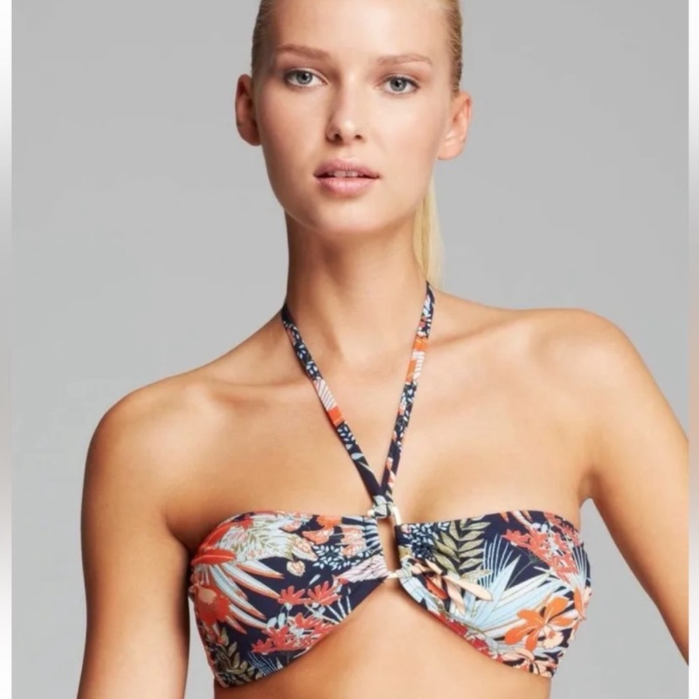 Tory Burch Navy Floral Bandeau Bikini Top with Orange Accents